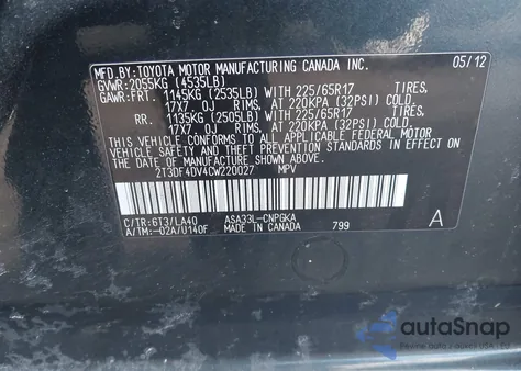 2012 Toyota Rav4 Limited z USA, uszkodzony, nr VIN 2T3DF4DV4CW220027